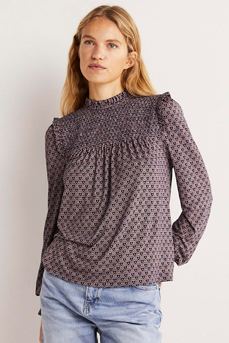 SMOCKED YOKE PRINTED TOP NVY 3