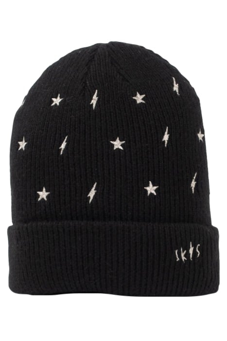 GIRLS’ BLACK KNIT BEANIE, EMBROIDERED GOLD STARS/LIGHTNING B 1