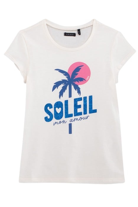GIRLS' ECRU T-SHIRT WITH PALM IMAGE AND GLITTER SLOGAN 1