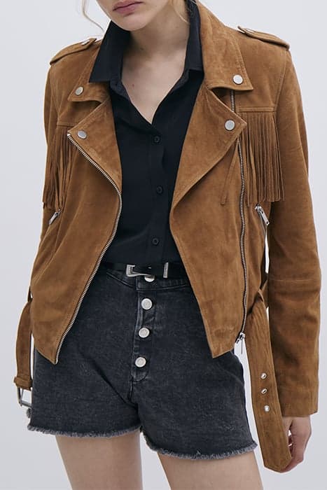 CAMEL SUEDE FRINGED BIKER-STYLE JACKET by IKKS