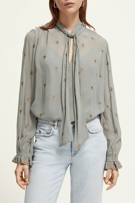 EMBROIDERED TOP WITH TIE NECK GREY SHEER JACQUARD by Scotch & Soda