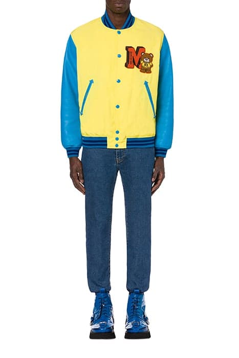 VARSITY TEDDY BEAR NYLON AND LEATHER BOMBER JACKET YELLOW by Moschino