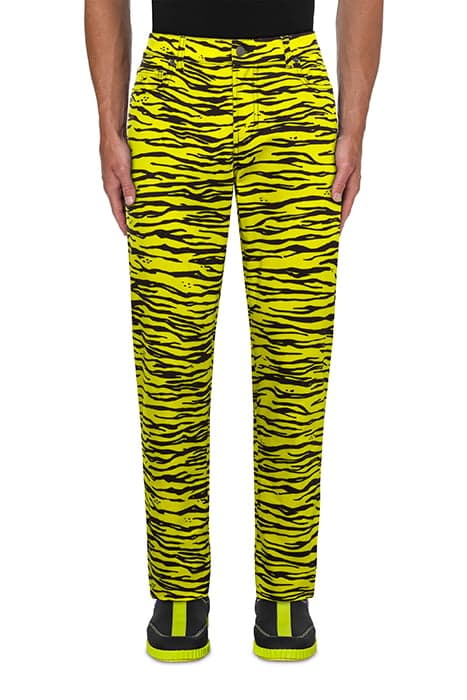 TIGER PRINT STRETCH GABARDINE TROUSERS GREEN by Moschino