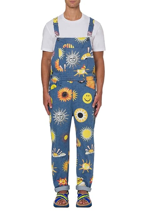 ALLOVER SUN SMILEY® PRINT STRETCH DENIM OVERALLS BLUE by Moschino