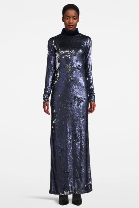 WOMEN‘S MAXI SEQUIN DRESS WITH HIGH COLLAR NAVY, SILVER by Marcell von Berlin