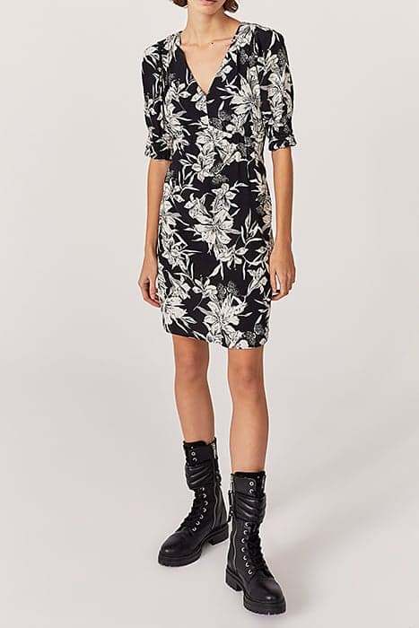 BLACK AND WHITE FLORAL PRINT CREPE SHORT DRESS by IKKS