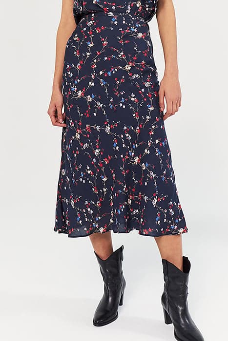 CHERRY BLOSSOM PRINT VISCOSE AND SILK MIDI SKIRT NAVY by IKKS