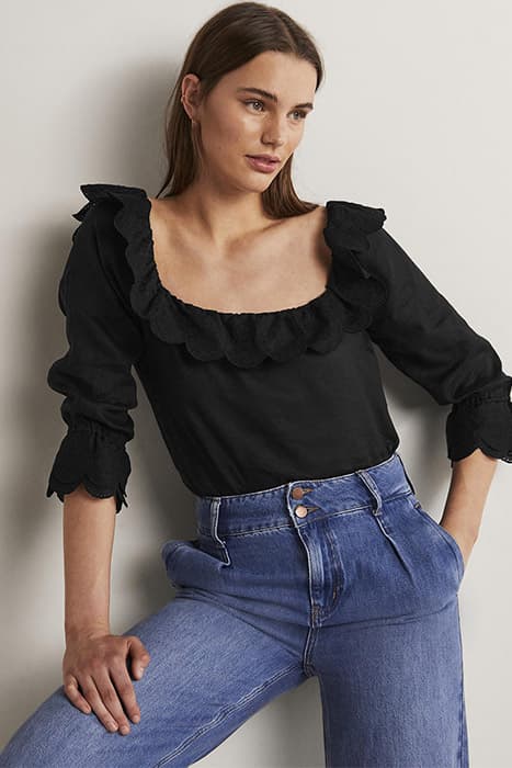 SQUARE NECK FRILL LINEN BLOUSE BLK by Boden