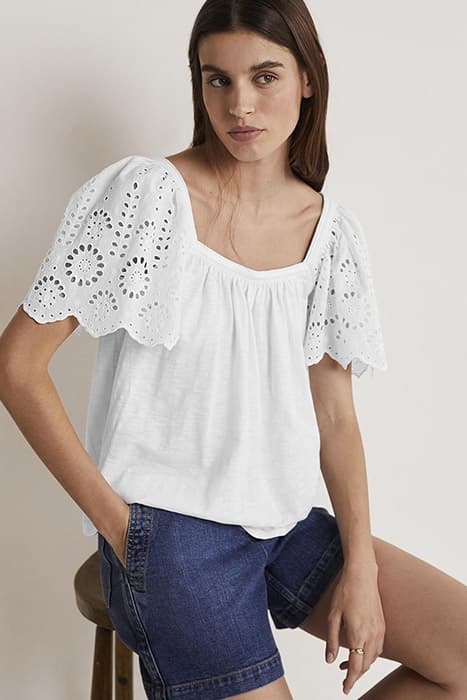 SQUARE NECK WOVEN SLEEVE TOP WHT by Boden