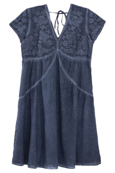 Robe coton viscose bleu acid wash broderie col femme by IKKS