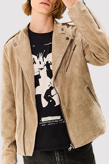 Blouson beige clair en cuir velours esprit motard Homme by IKKS