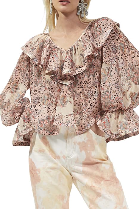 DEMETRA GATHERED PINK V-NECK FRILL BLOUSE PEACH NECTAR MULTI by French Connection