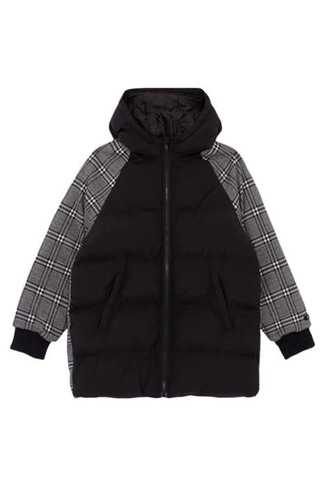 GIRLS’ BLACK AND MIXED FABRIC CHECK LONG PADDED JACKET BLACK by IKKS