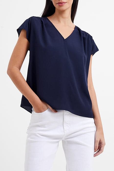 CREPE LIGHT SMOCKED SHOULDER V-NECK TOP MARINE by French Connection