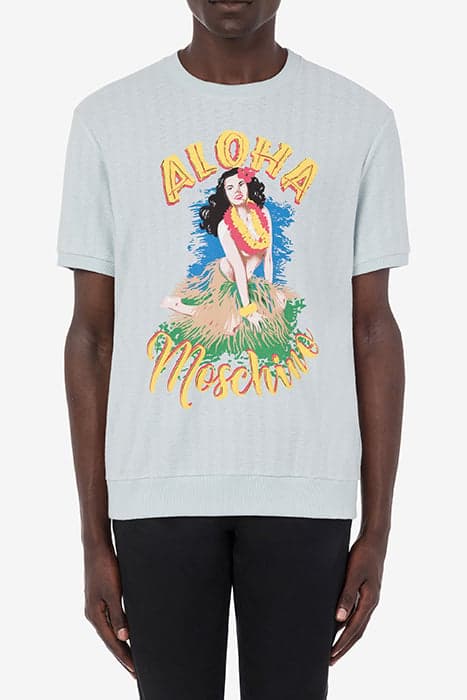 HAWAIIAN PRINT JACQUARD JERSEY T-SHIRT LIGHT BLUE by Moschino