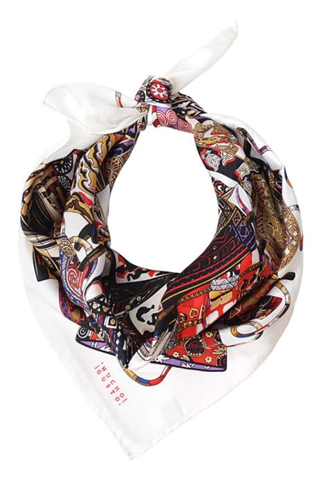 SILK SCARF SQUARED PATCHWORK WHITE BACKGROUND RED, BLUE, WHI by Mucho Gusto