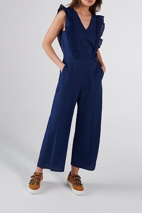 INDIGO EYELET EMBROIDERY RUFFLED JUMPSUIT BLUE by ICODE