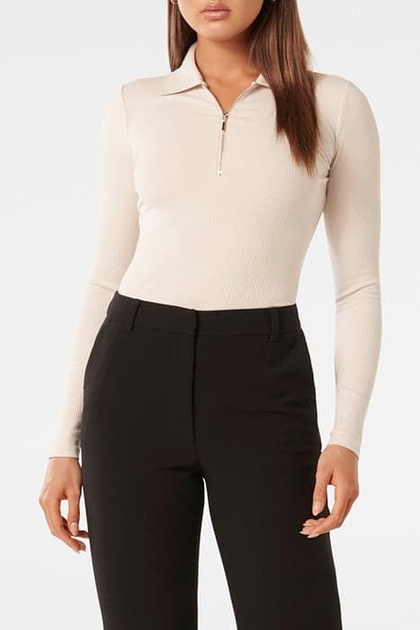 VIVIENNE LONG SLEEVE ZIP FRONT TOP STONE by Forever New