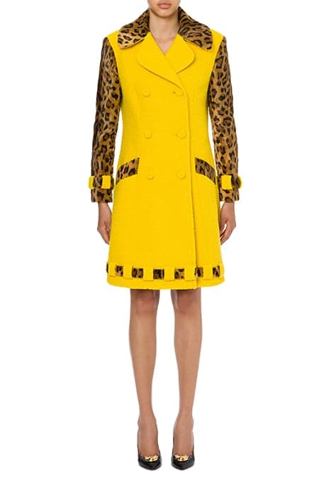 LEOPARD PRINT DETAILS BOUCLÉ WOOL COAT YELLOW by Moschino