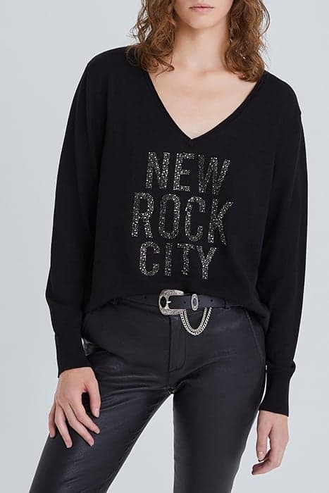 WOMEN’ BLACK KNIT SWEATER WITH DIAMANTE SLOGAN BLACK by IKKS