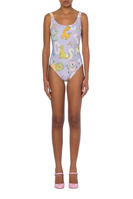 ALLOVER LOGO CIRUCS ONE-PIECE SWIMSUIT PURPLE by Moschino