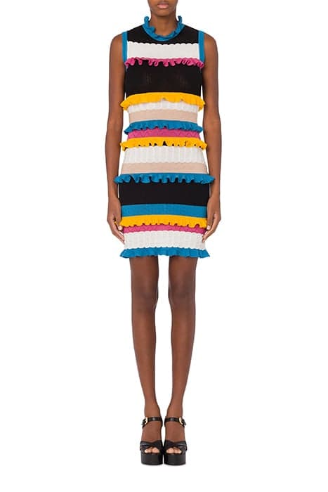 STRIPES & RUFFLES WOOL DRESS MULTICOLOR by Moschino