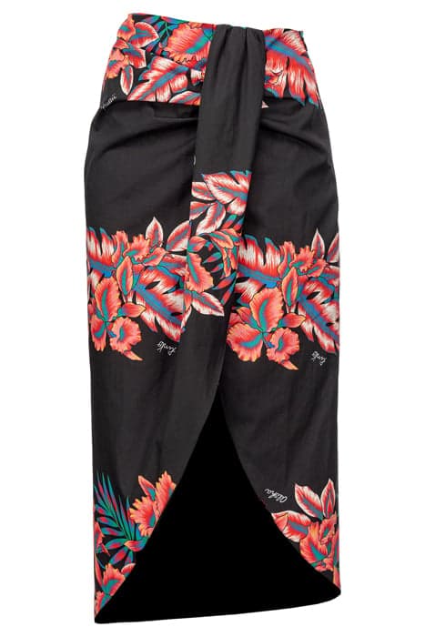 GIREVOLE GONNA POPELINE STAMPA RIGA TROPICALE BLACK/RED MULT by PINKO