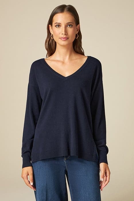 CASHMERE BLEND V-NECK SWEATER WITH RHINESTONES BLUE by Oltre