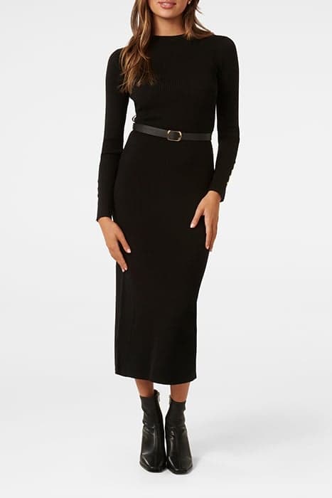 HANNAH PETITE BELTED MIDI KNIT DRESS BLACK by Forever New