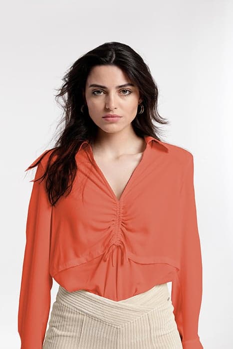 CHIFFON CEROL SHIRT WITH FRONT GATHER ORANGE by OKY