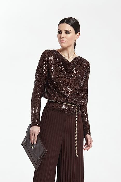 SPARKLY SEQUINS TOP WITH FLOWING NECKLINE BROWN by OKY