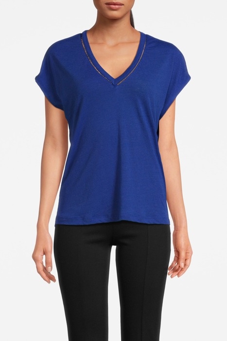 V-NECK LADDER DETAIL LOOSE FIT T-SHIRT ELECTRIC BLUE 1