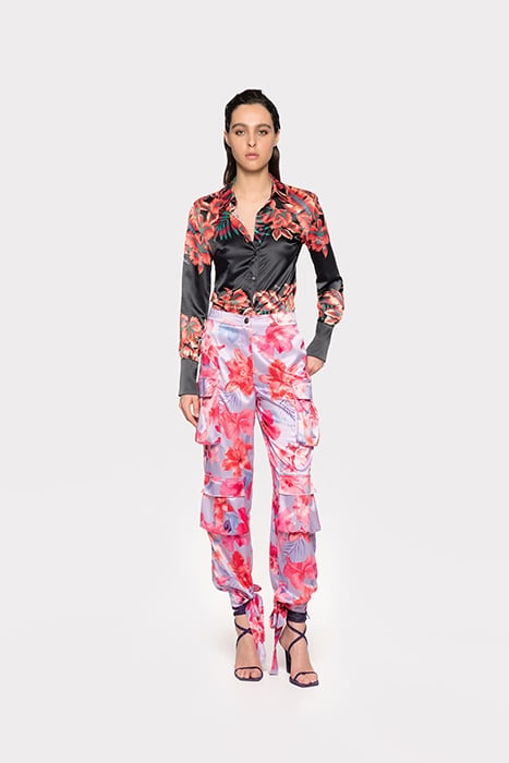 INDIOS PANTALONE SATIN STAMPA FIORI TROPICALI LILAC/PALE PIN 5