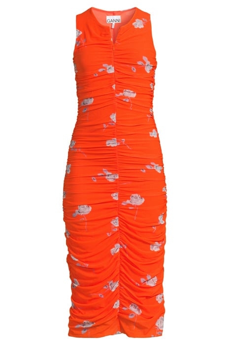 PRINTED MESH RUCHED SLEVELESS MIDI DRESS ORANGEADE 3