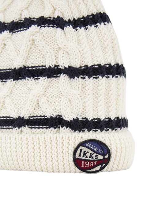 BABY BOYS’ ECRU STRIPED KNIT BEANIE & SNOOD, BALL BADGE OFF- 5