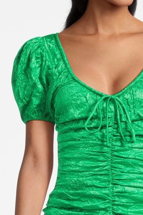 CRINKLED SATIN GATHERED U-NECK MIDI DRESS BRIGHT GREEN 4