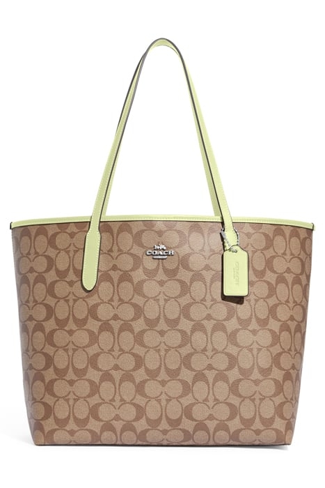 CITY TOTE BAG IN SIGNATURE CANVAS KHAKI/PALE LIME 1