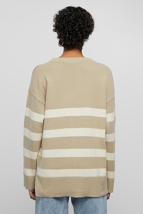 LADIES STRIPED KNIT CREW SWEATER WETSAND/SAND 2