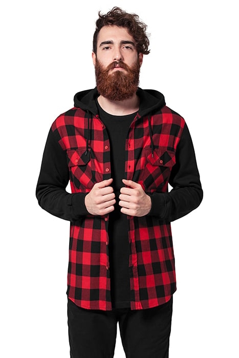 HOODED CHECKED FLANELL SWEAT SLEEVE SHIRT BLK/RED/BL 1