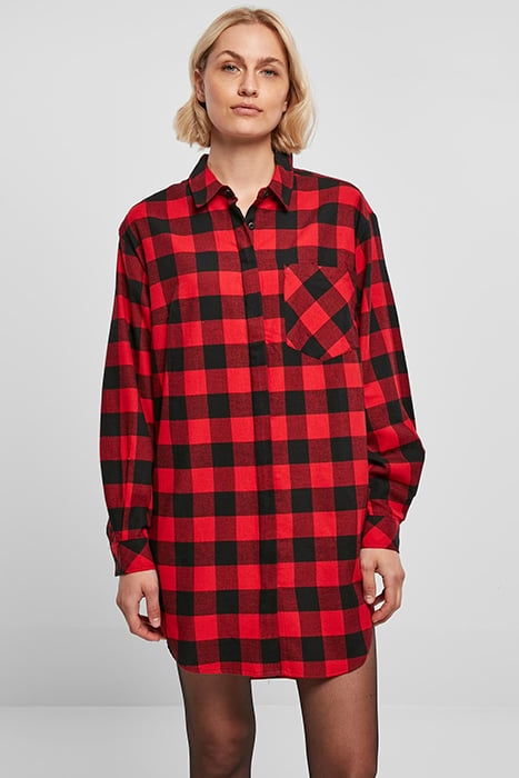 LADIES OVERSIZED CHECK FLANNEL SHIRT DRESS BLACK/RED 1