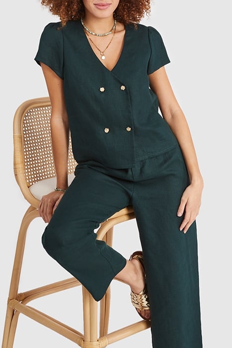 IMPERIAL GREEN LINEN BUTTONED WRAP TOP 1