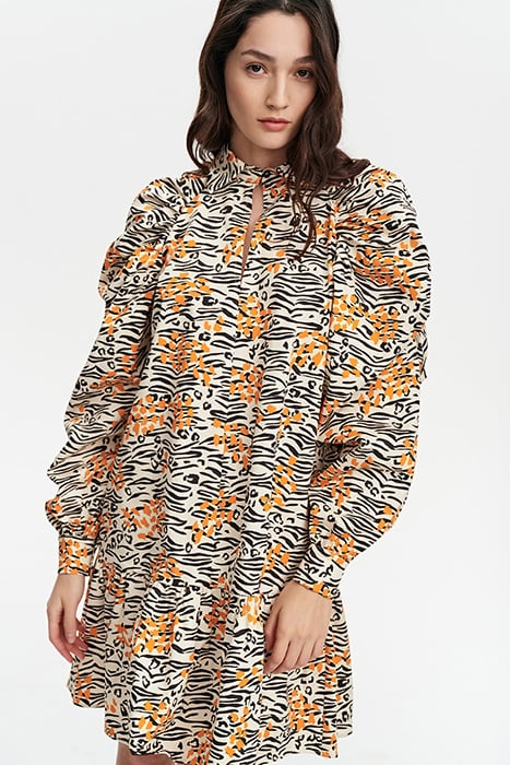 GATHERED VOLANT DRESS WILD PRINT ORANGE 1