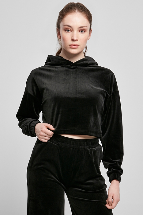 LADIES CROPPED VELVET OVERSIZED HOODY BLACK 2