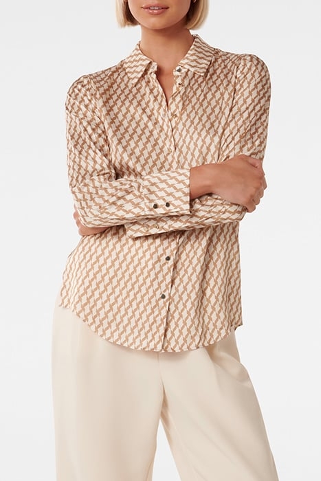 LILA LONGLINE PRINTED SATIN SHIRT TAN PORTER GEO 1