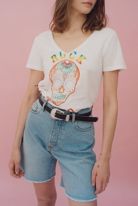 WHITE METALLIC EMBROIDERED SKULL IMAGE T-SHIRT 6