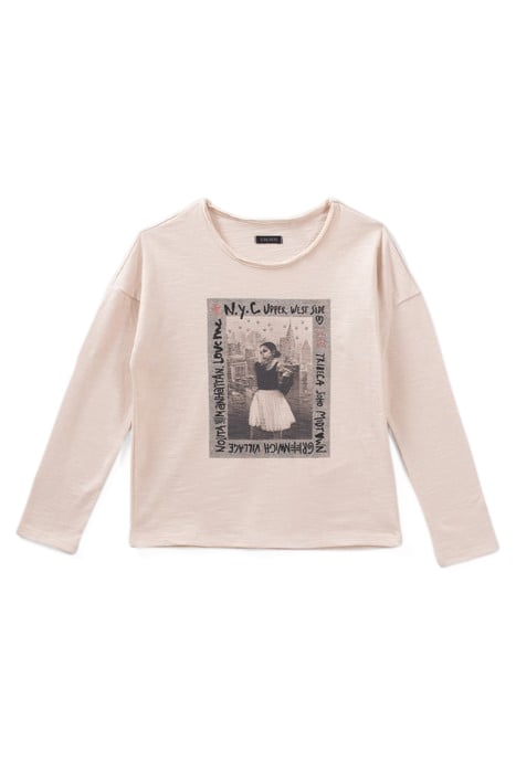 GIRLS’ BEIGE ORGANIC COTTON T-SHIRT WITH DANCER IMAGE 1