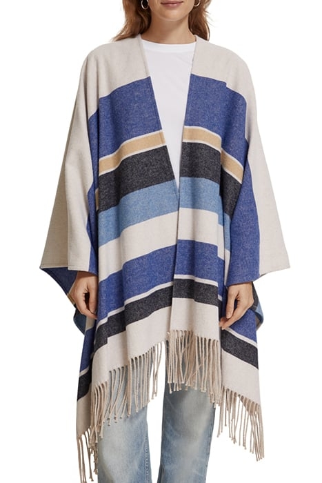 WOOL BLEND STRIPED PONCHO BLUE BOLD STRIPE 1