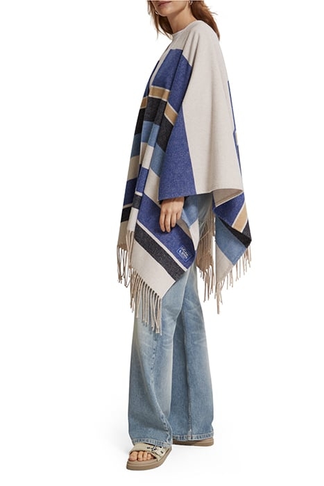 WOOL BLEND STRIPED PONCHO BLUE BOLD STRIPE 6