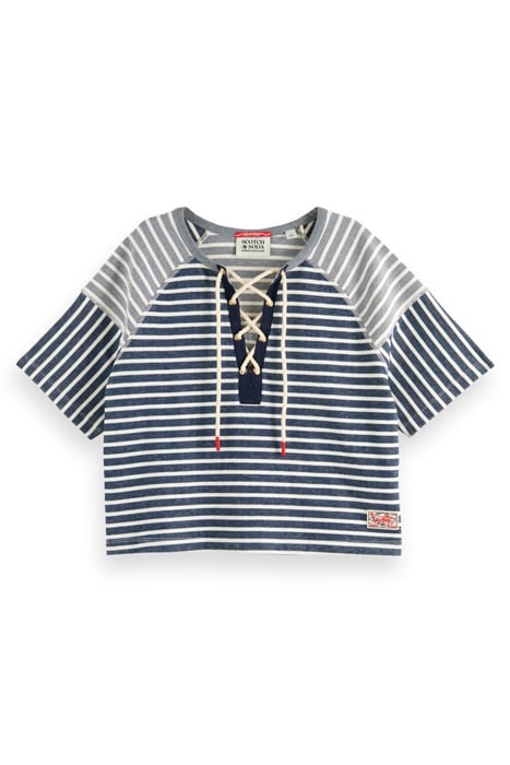 LACE UP BOXY SWEATSHIRT ECRU NAVY STRIPE 1